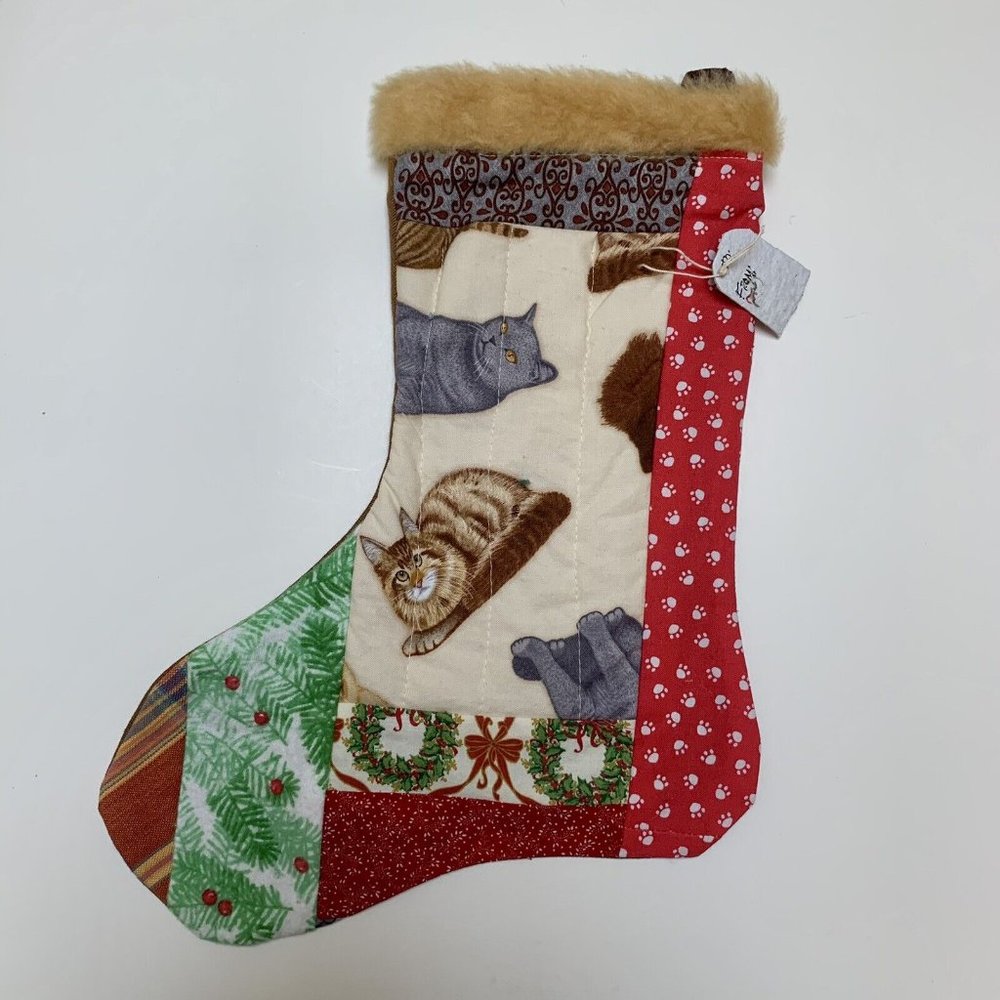 Christmas Stocking Kittens Quilted Patchwork Fabric Cat NEW 14” Handmade